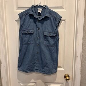 VTG GITANO Mens Medium Blue‎ Denim Sleeveless Button Up Shirt Workwear Casual